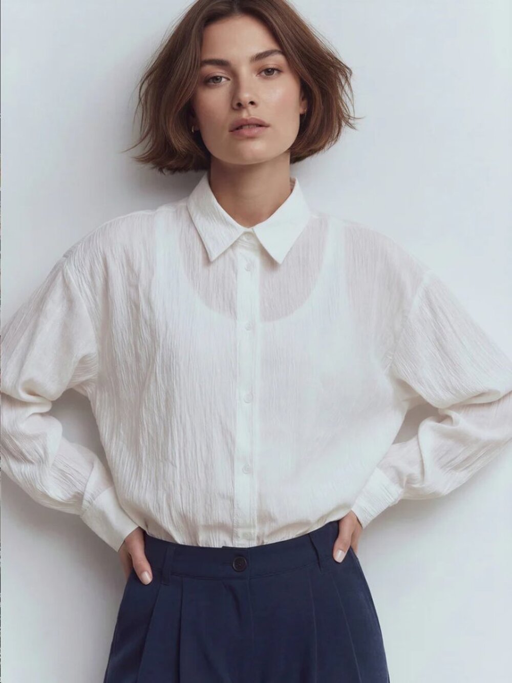 New York & Co Off White Long Sleeve Lightweight Sheer Cotton Button Down Shirt - Picture 2 of 7